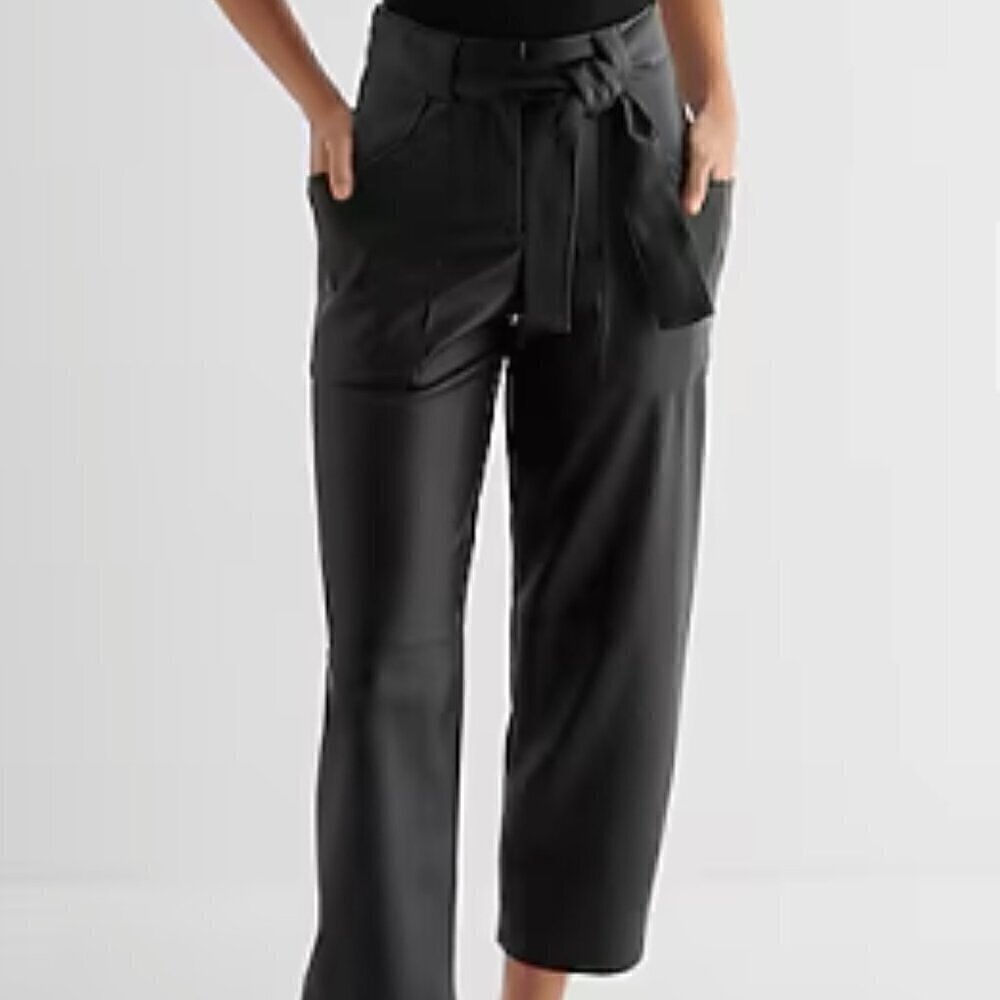 NWT Express Black Faux Leather High Waisted Paperbag Belted Utility Pants 4S